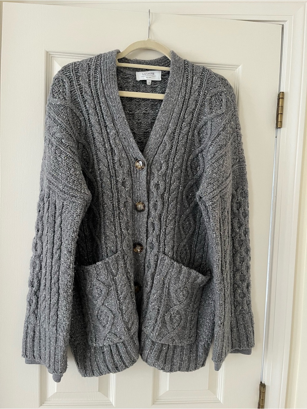 La Ligne Milo Cardigan, Small, Gray Wool Silk Cashmere Cable Knit Chunky Luxury